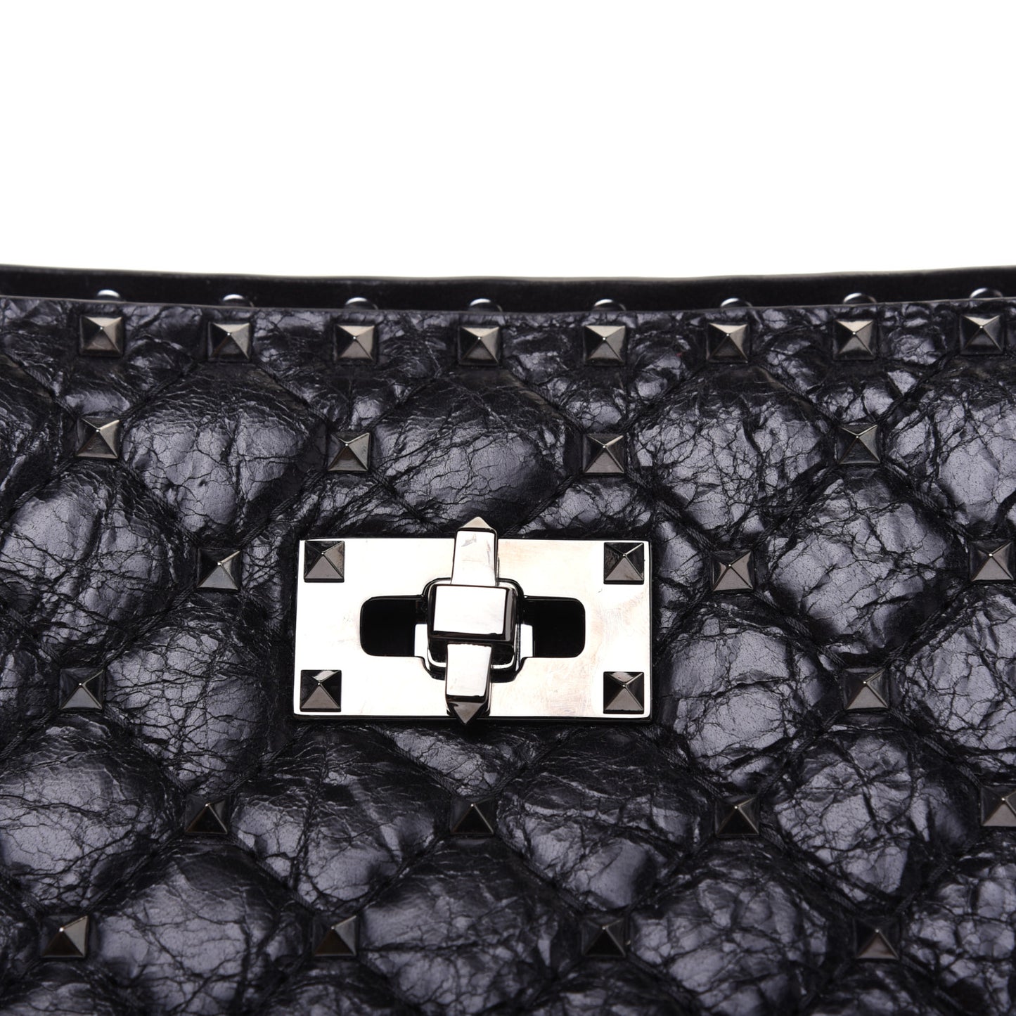 Craquele Nappa Rockstud Spike Shoulder Tote Black