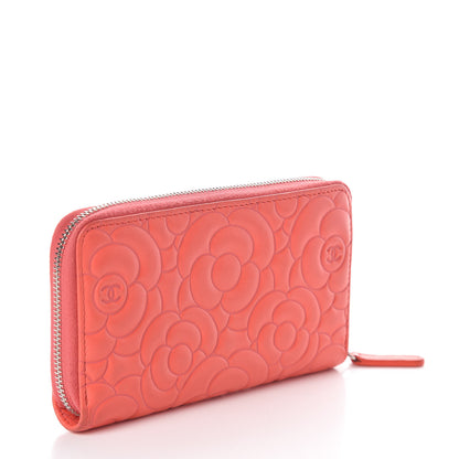 Chanel Lambskin Camellia Embossed Small Zip Around Wallet Coral 3 of 13