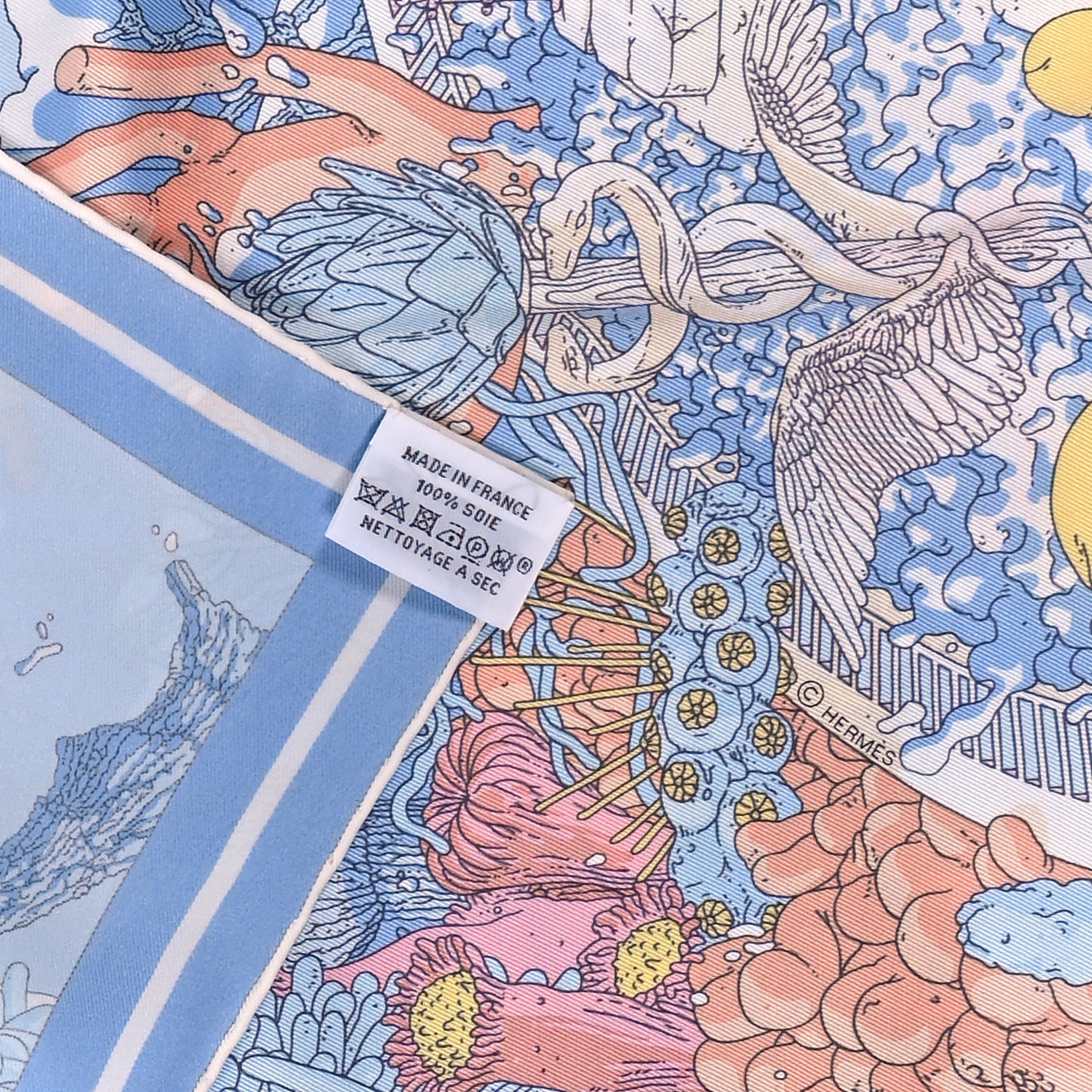 Vintage Silk Ex Libris Atlantis Scarf 70 Bleu Ciel Rose Jaune