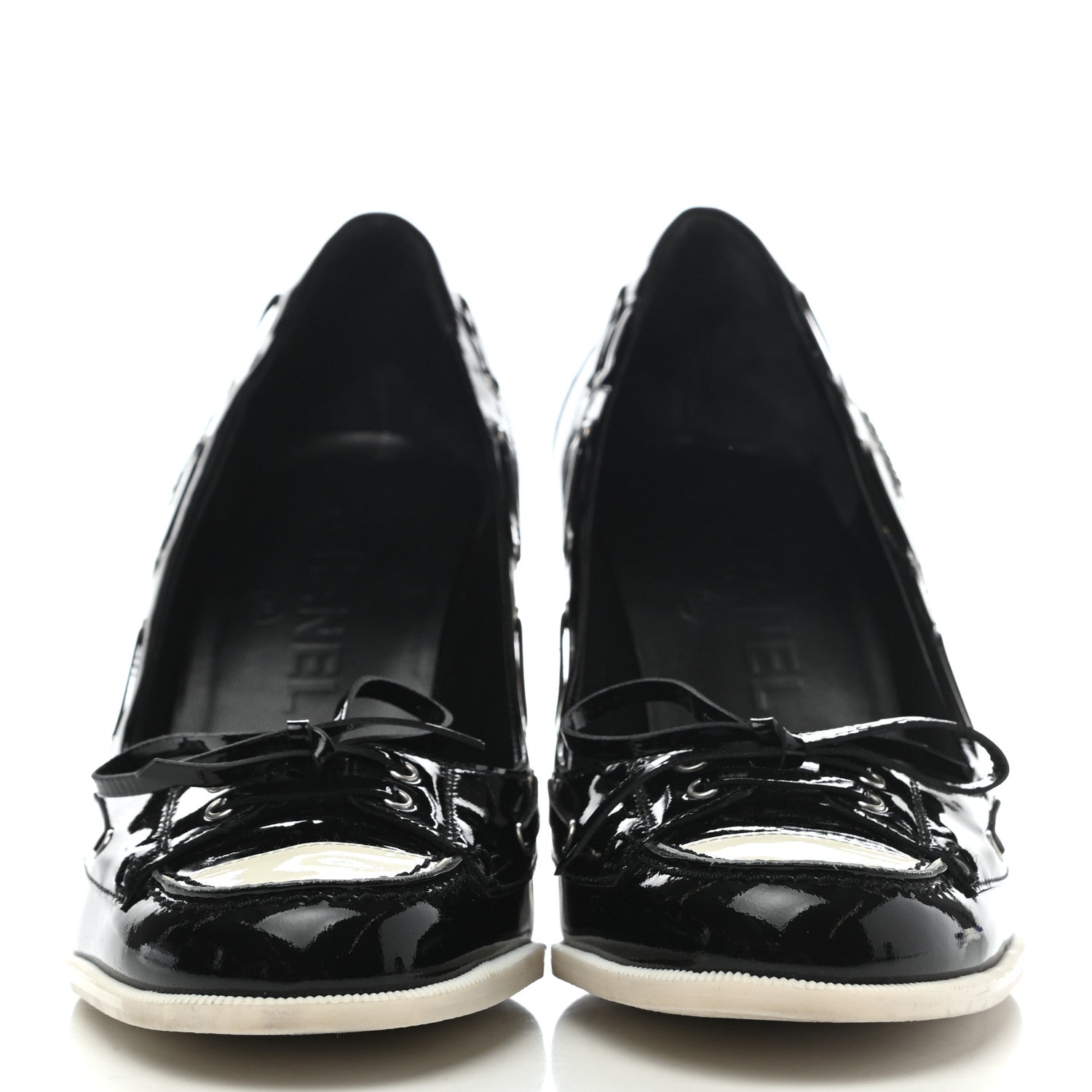 Chanel Lambskin Patent Cap Toe Boat Pumps 38 Black White 2 of 7