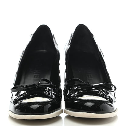 Chanel Lambskin Patent Cap Toe Boat Pumps 38 Black White 2 of 7