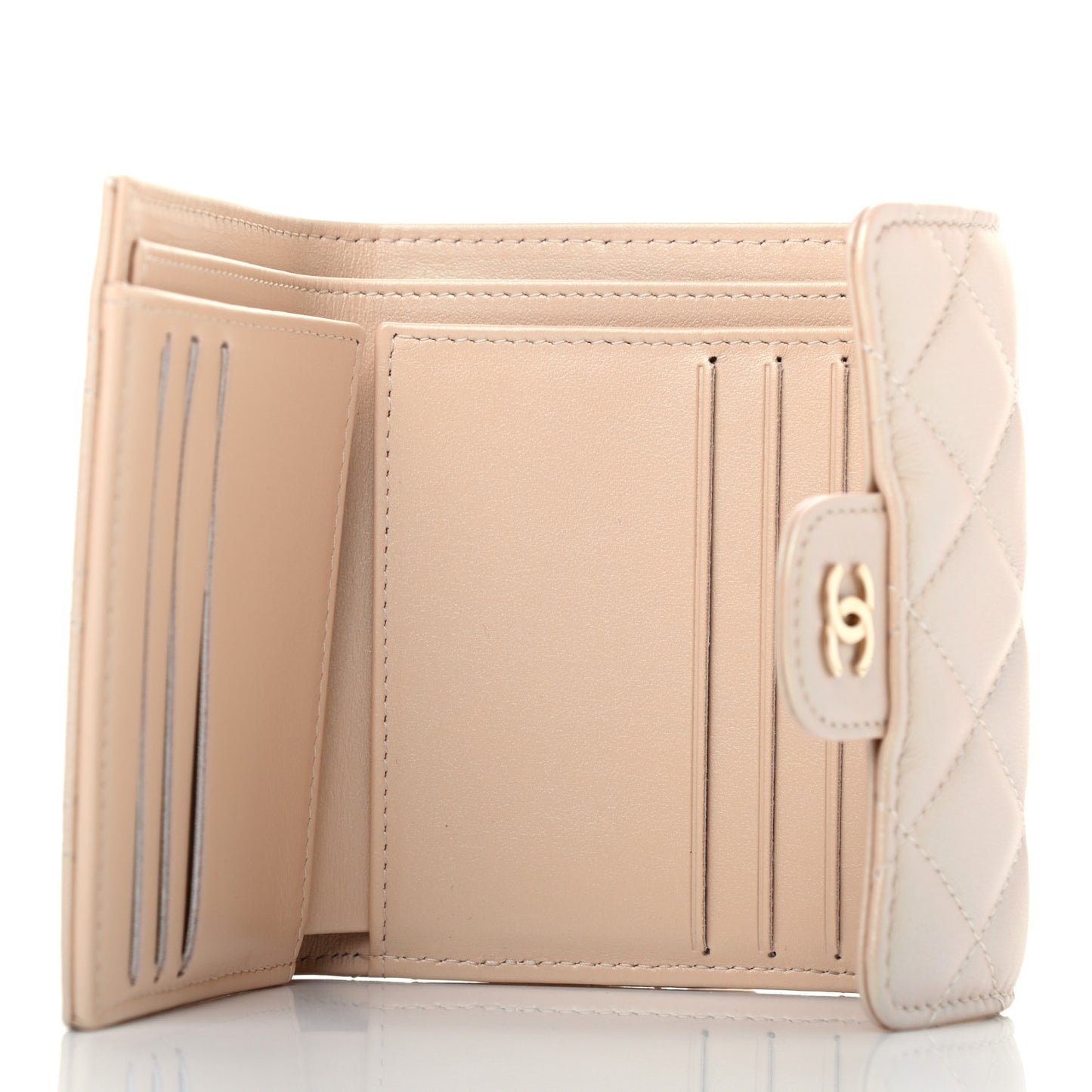 Iridescent Calfskin Quilted Compact Flap Wallet Beige