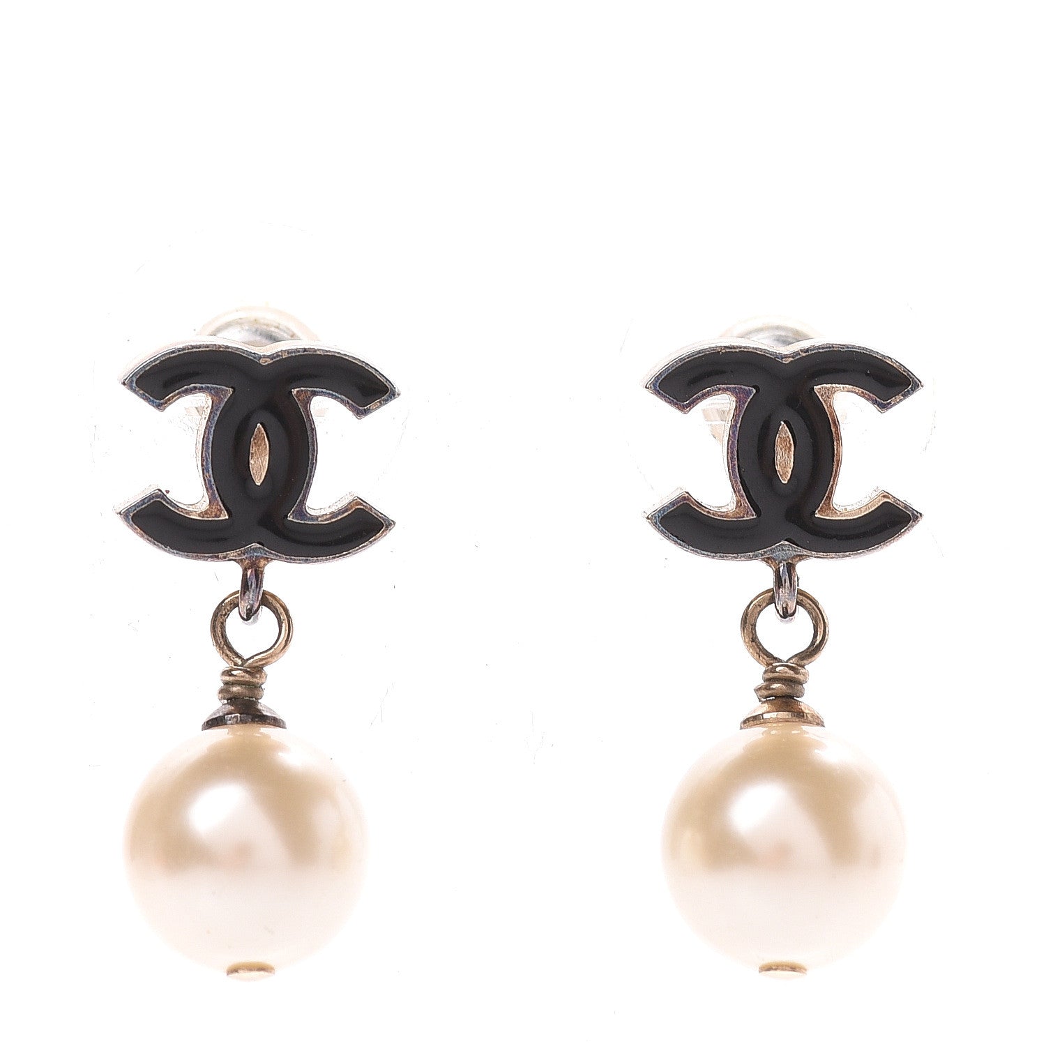 Chanel Pearl Enamel CC Drop Earrings Black Gold 1 of 7