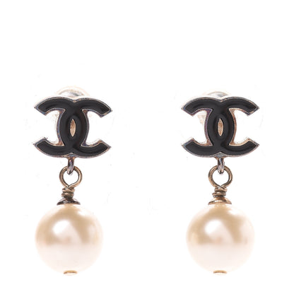 Chanel Pearl Enamel CC Drop Earrings Black Gold 1 of 7