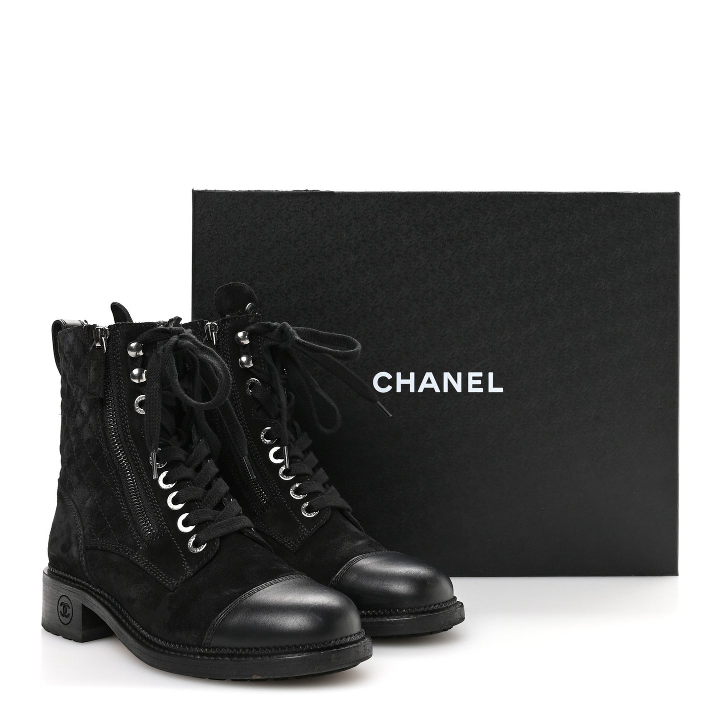 Suede Calfskin Quilted Lace Up Combat Boots 37 Black