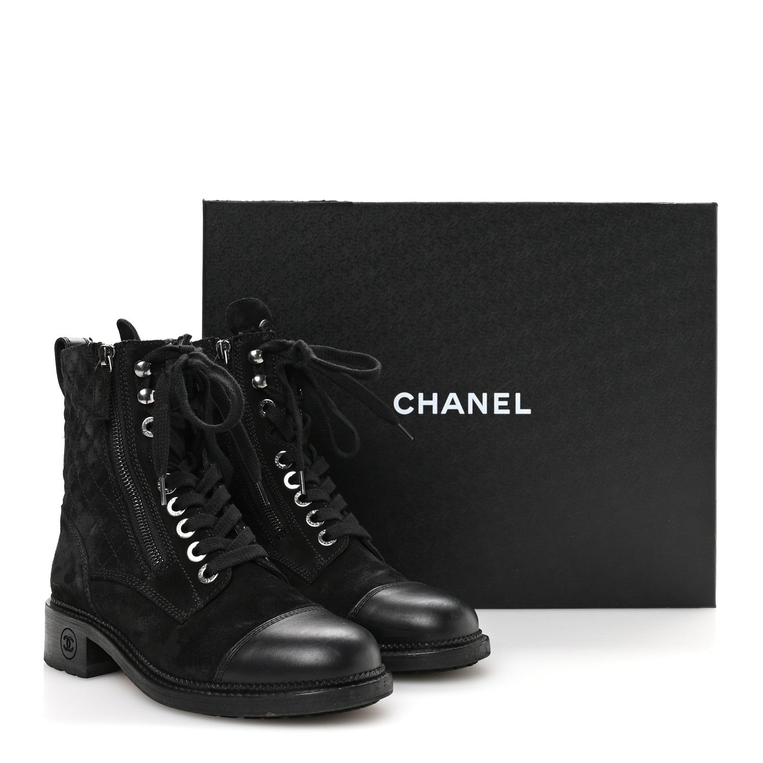 Chanel Suede Calfskin Quilted Lace Up Combat Boots 37 Black 9 of 9