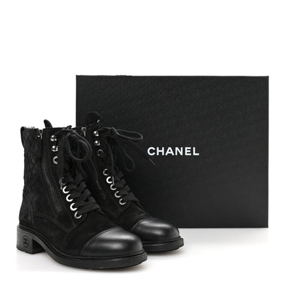 Chanel Suede Calfskin Quilted Lace Up Combat Boots 37 Black 9 of 9