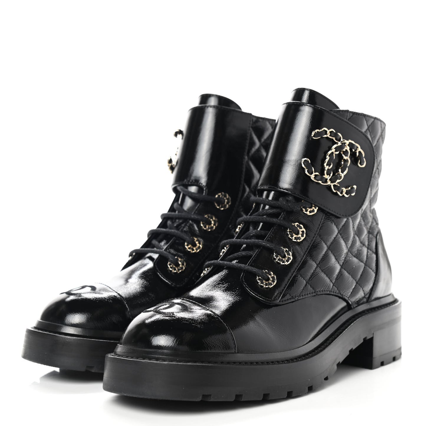Shiny Calfskin Quilted Lace Up Combat Boots 37.5 Black