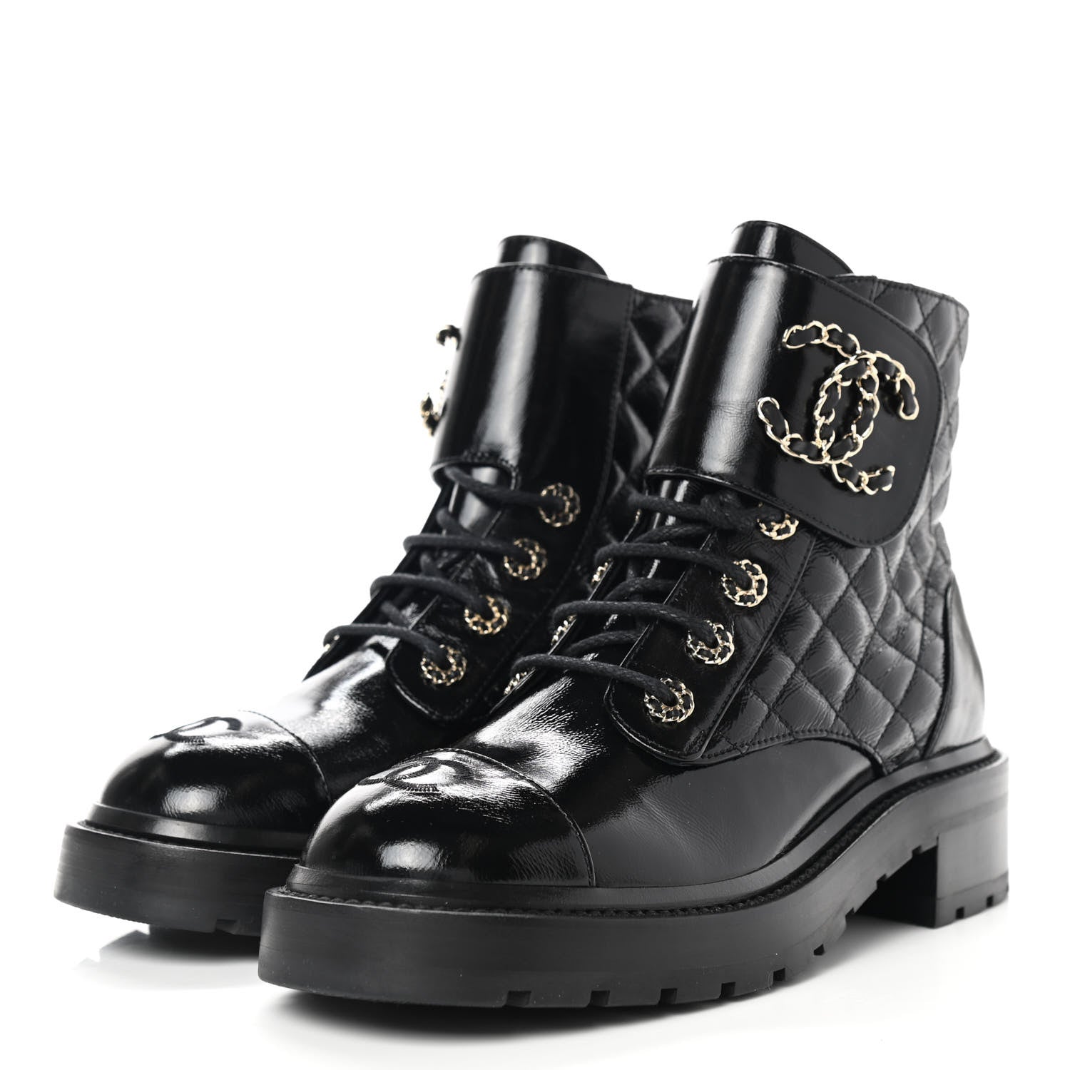 Chanel Shiny Calfskin Quilted Lace Up Combat Boots 37.5 Black 3 of 9