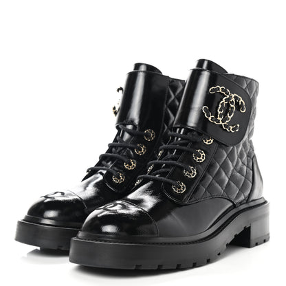 Chanel Shiny Calfskin Quilted Lace Up Combat Boots 37.5 Black 3 of 9