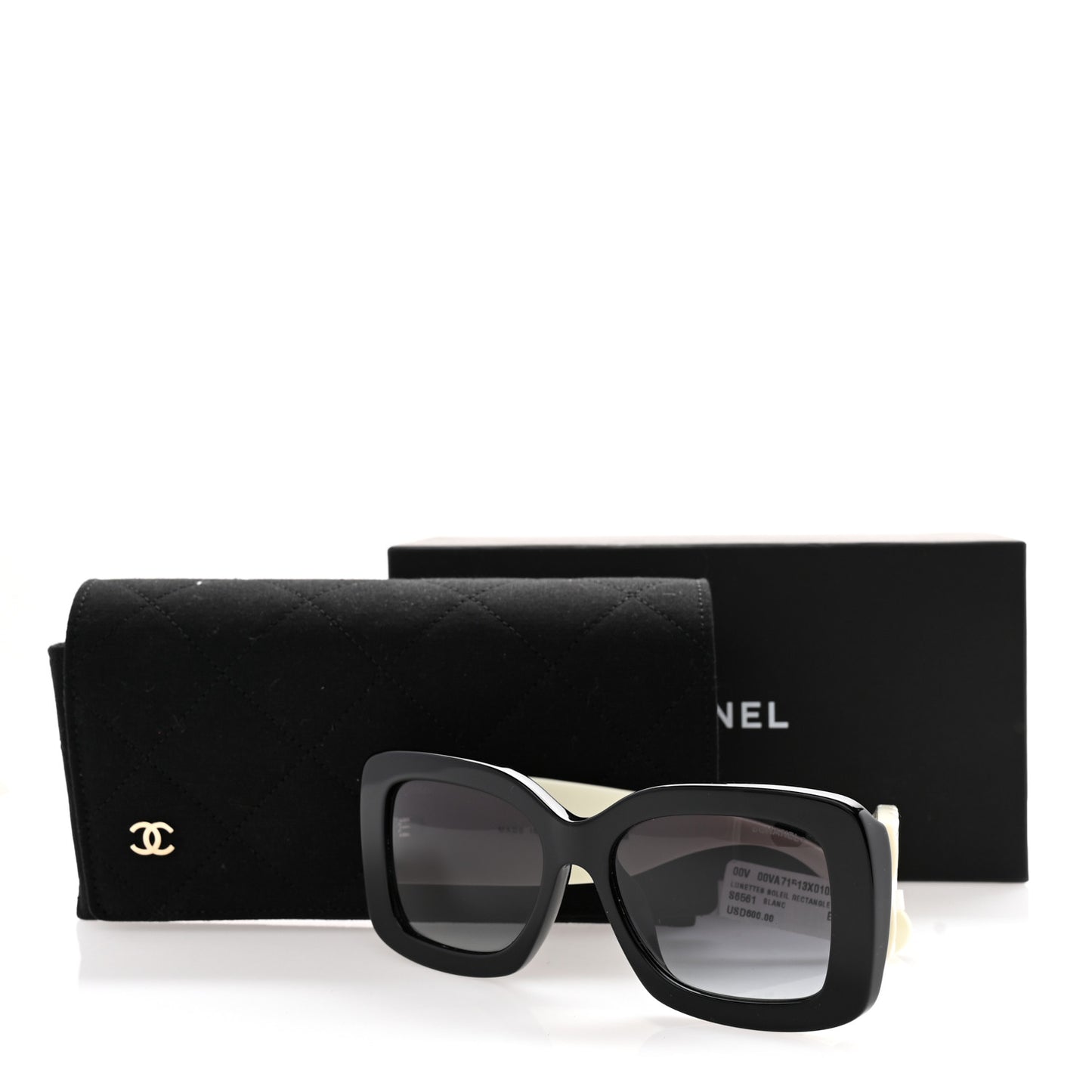 Acetate Quilted CC Rectangle Sunglasses 5483-A White Black