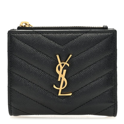 Saint Laurent Grain De Poudre Matelasse Chevron Monogram Zipped Card Case Black 1 of 6