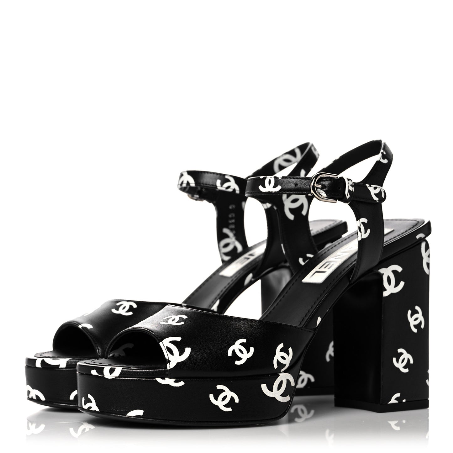 Printed Lambskin CC Platform Sandals 39 Black White
