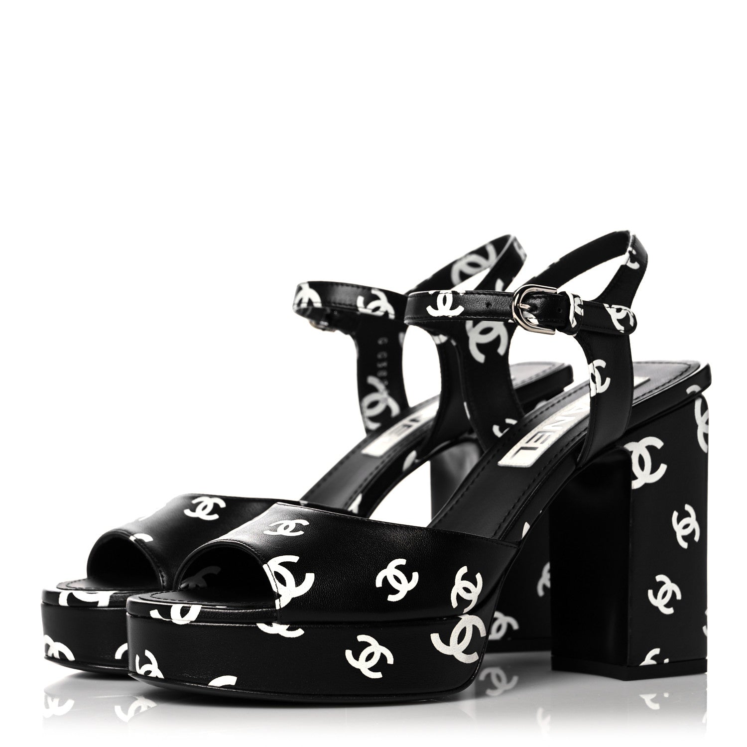 Chanel Printed Lambskin CC Platform Sandals 39 Black White 3 of 9