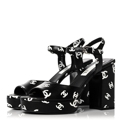 Chanel Printed Lambskin CC Platform Sandals 39 Black White 3 of 9