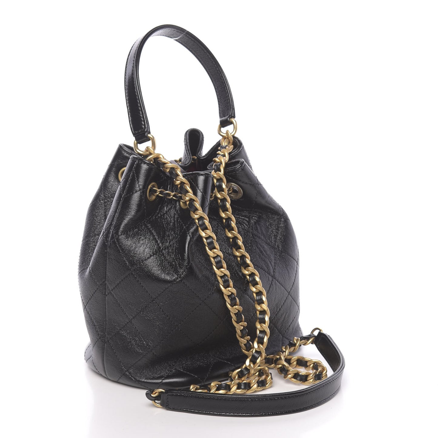 Shiny Lambskin Quilted Drawstring Bag Black