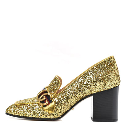 Gucci Glitter Nappa Web Peyton 75mm Loafer Pumps 39.5 Oro Vecchio 1 of 8