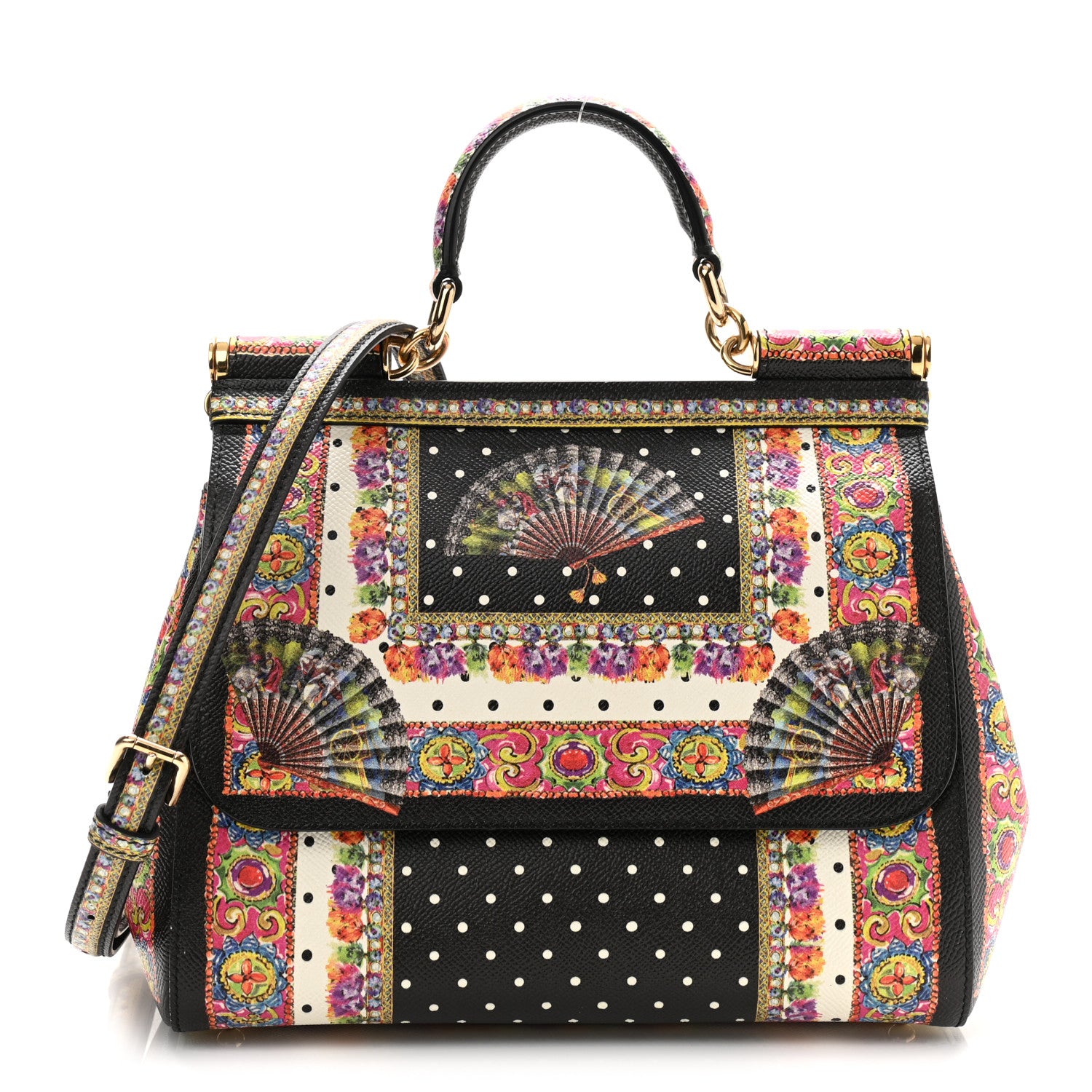 Dolce & Gabbana Dauphine Fan Foulard Medium Miss Sicily Satchel Black Multicolor 1 of 16