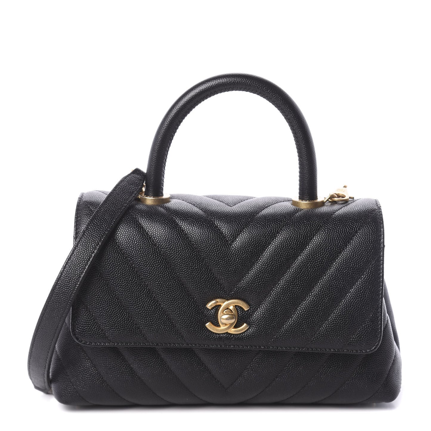Caviar Chevron Quilted Mini Coco Handle Flap Black