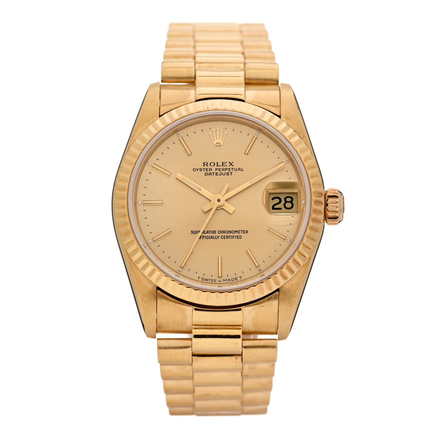 18K Yellow Gold 31mm Oyster Perpetual Datejust President Watch Champagne 68278
