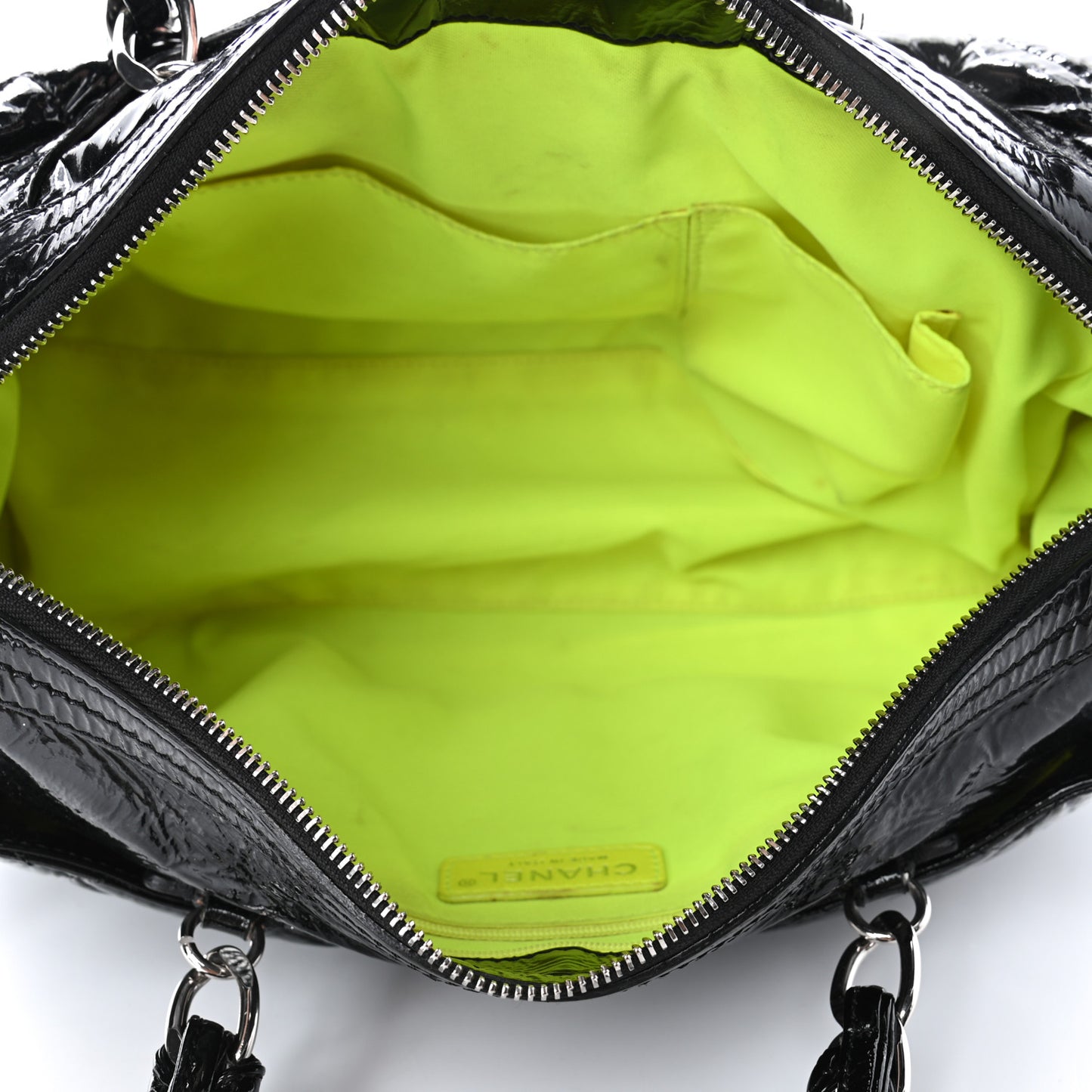 Patent Quilted Day Glo Flap Bag Black
