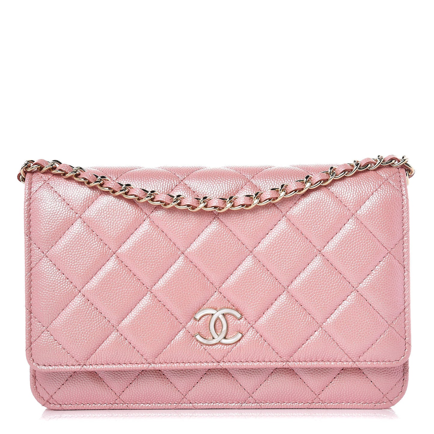 Iridescent Caviar Quilted Wallet on Chain WOC Rose Pink