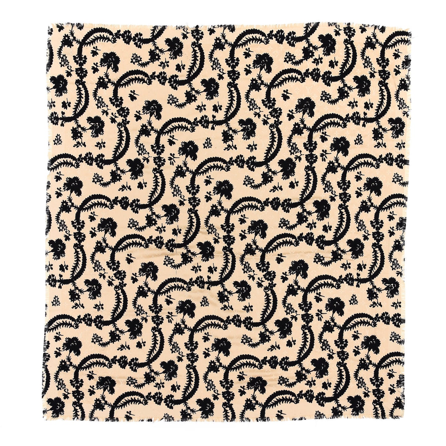 Wool Silk Monogram Floral Shawl Black Gold