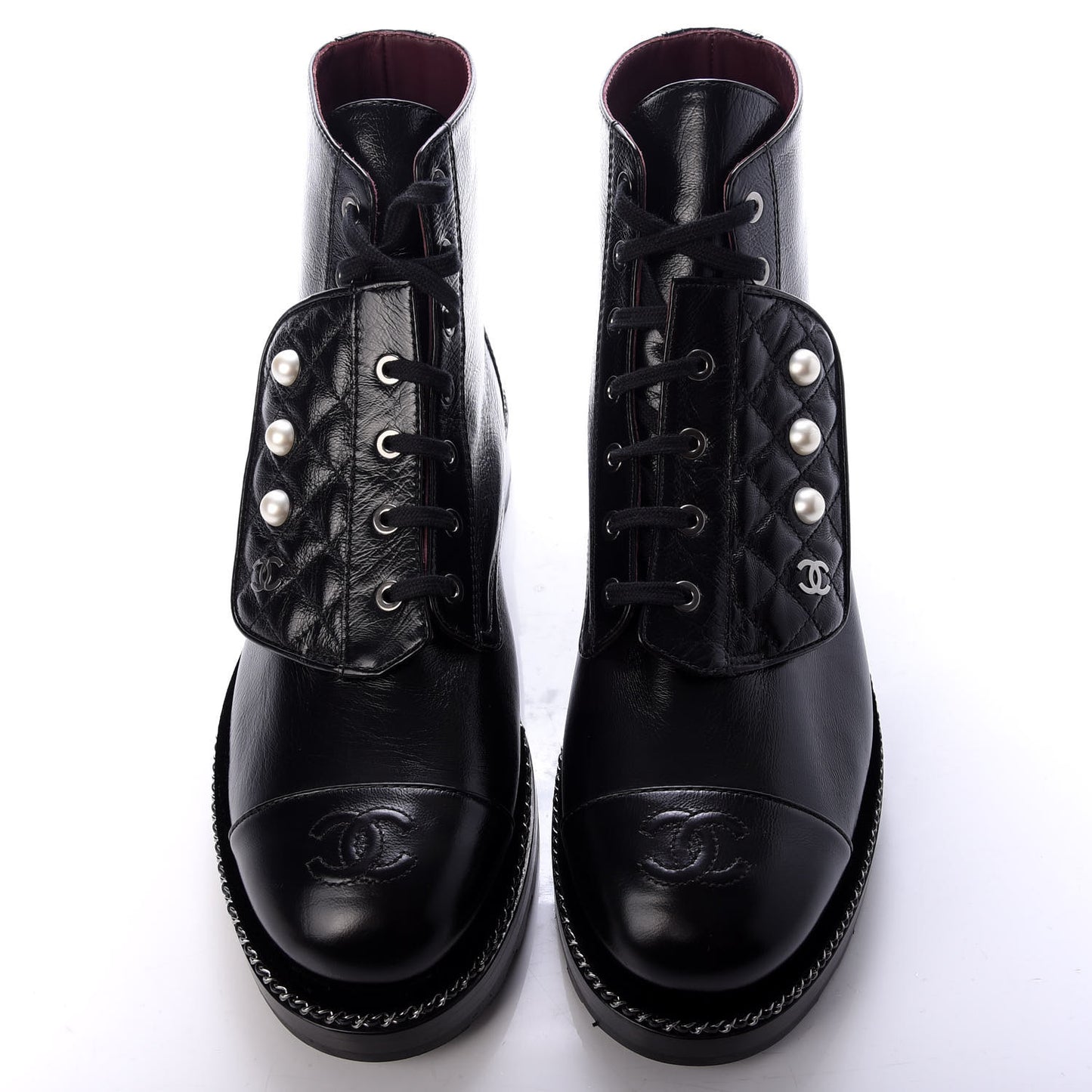 Crackled Calfskin Velvet Pearl Combat Short Boots 42 Black