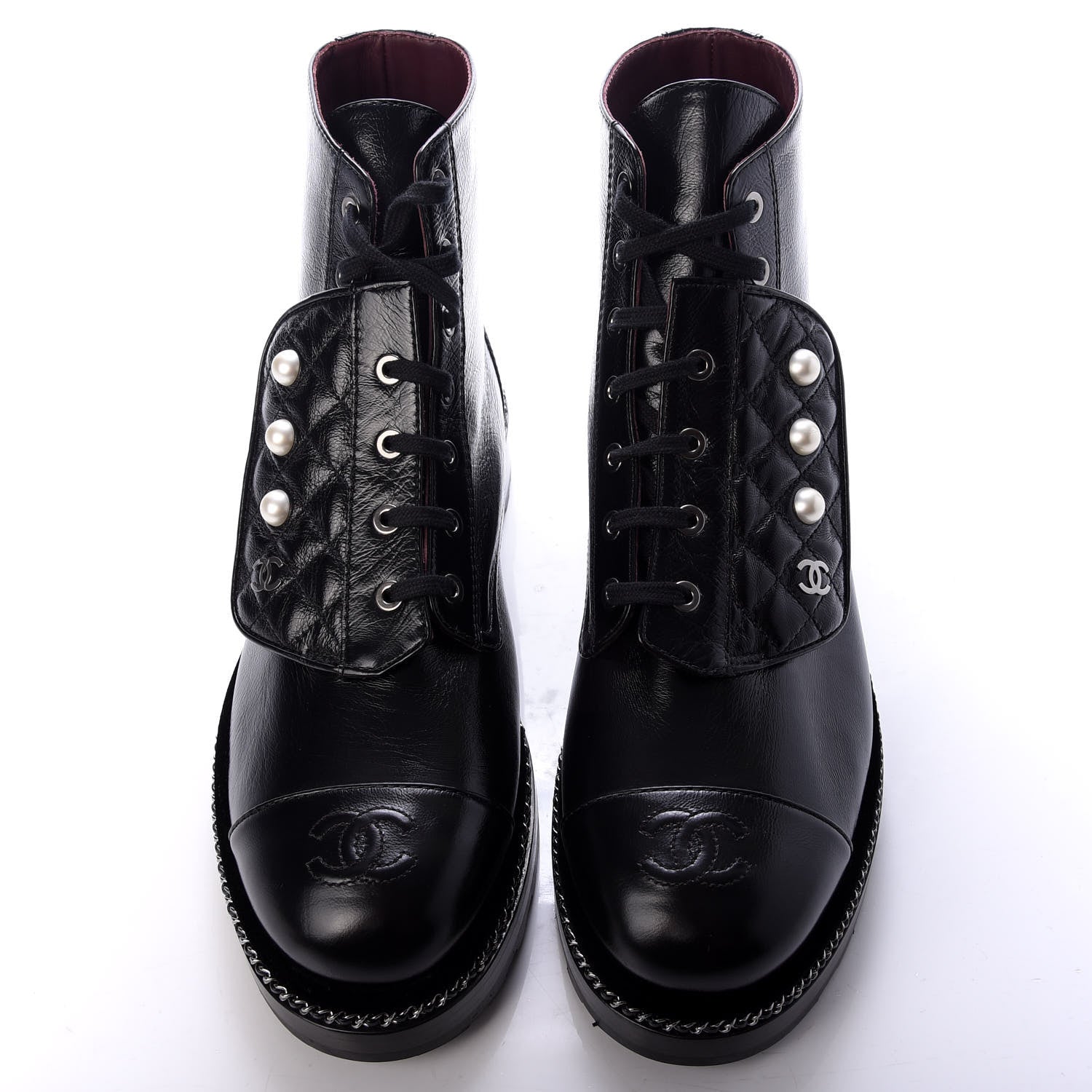 Chanel Crackled Calfskin Velvet Pearl Combat Short Boots 42 Black 7 of 10