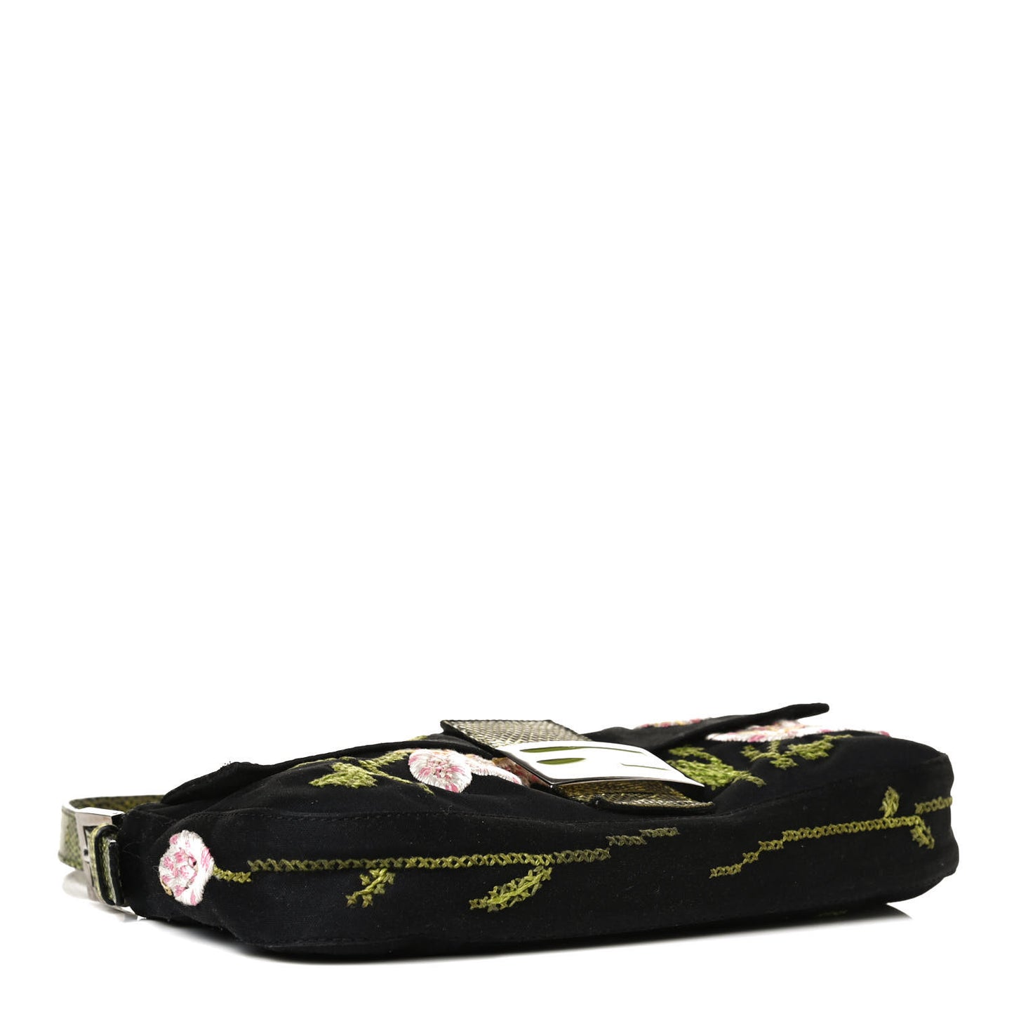 Canvas Lizard Embroidered Flower Baguette Black Multicolor