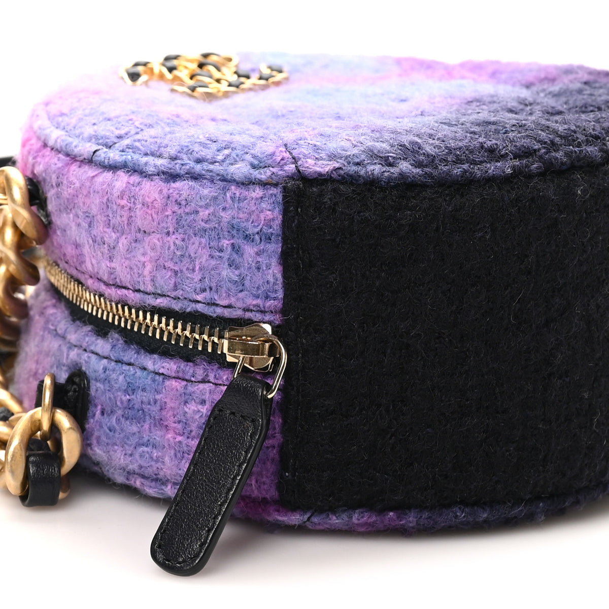 Chanel Wool Tweed Chanel 19 Round Clutch With Chain Purple Black Blue 8 of 9