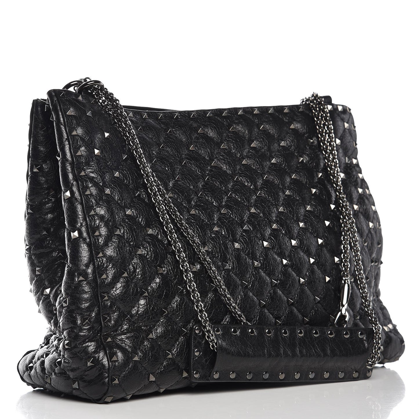 Craquele Nappa Rockstud Spike Shoulder Tote Black