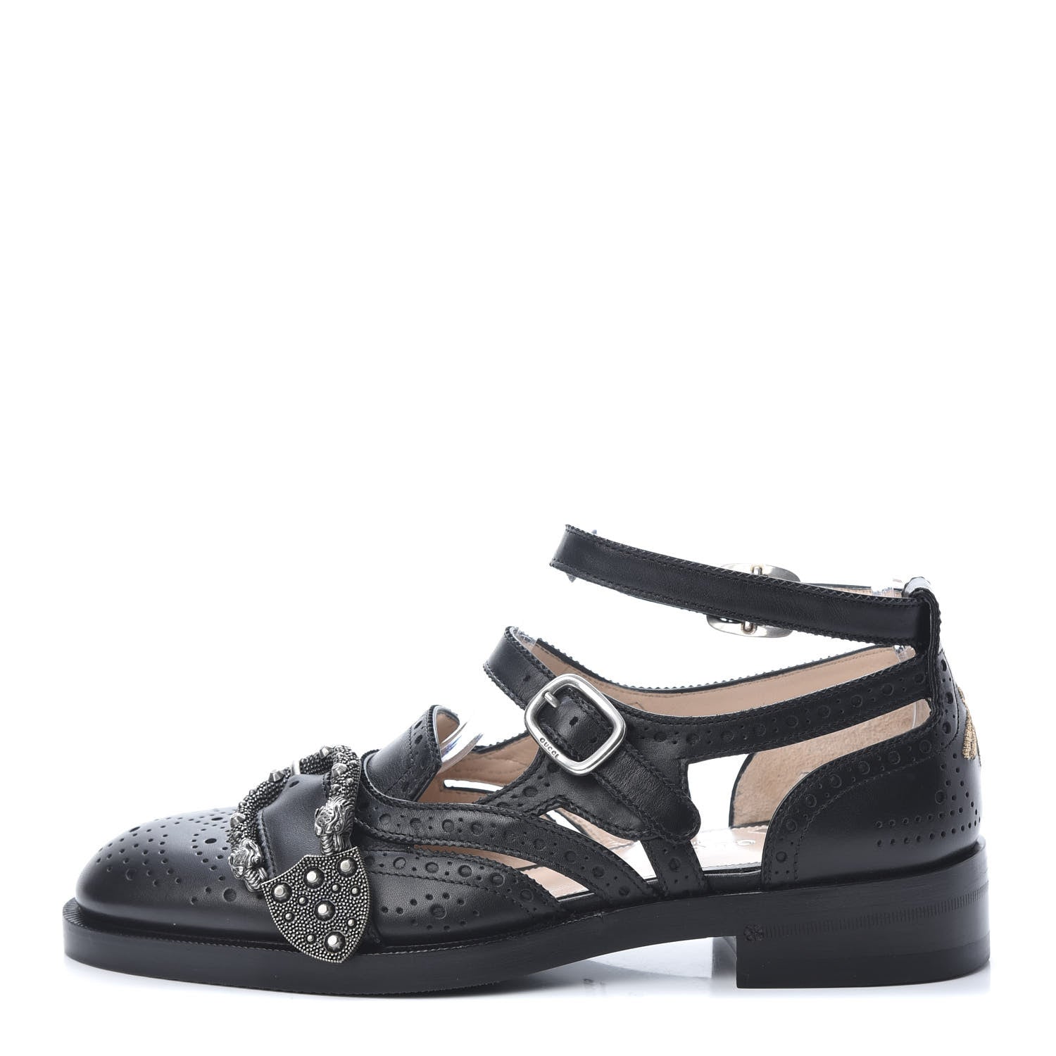 Gucci Calfskin Bee Embroidered Womens Queercore Brogue Wingtip Monk Strap Loafers 37 Black 1 of 9