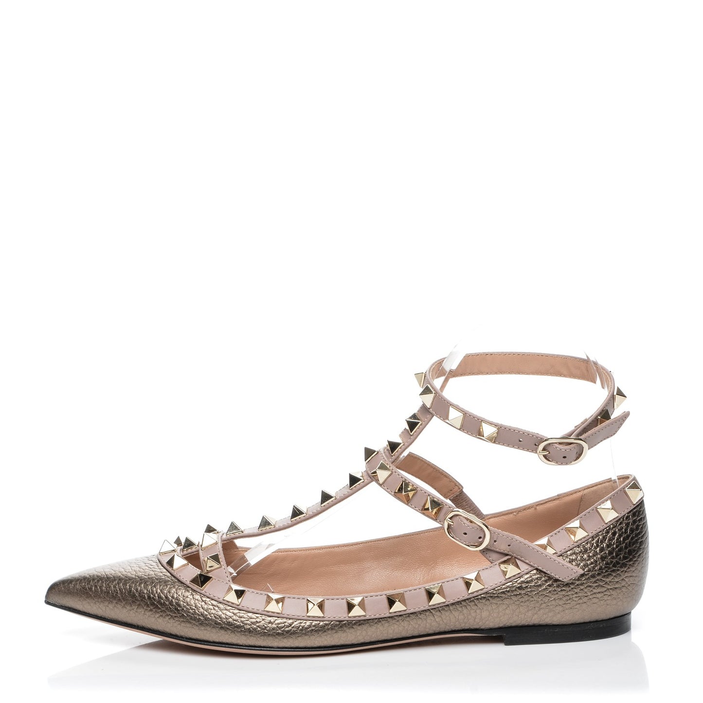 Metallic Pebbled Calfskin Rockstud Cage Ballerina Flats 36.5 Sasso Poudre