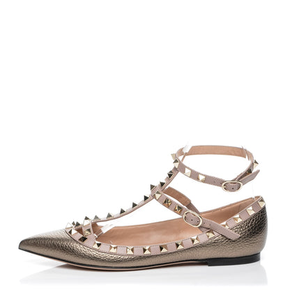 Valentino Garavani Metallic Pebbled Calfskin Rockstud Cage Ballerina Flats 36.5 Sasso Poudre 1 of 8