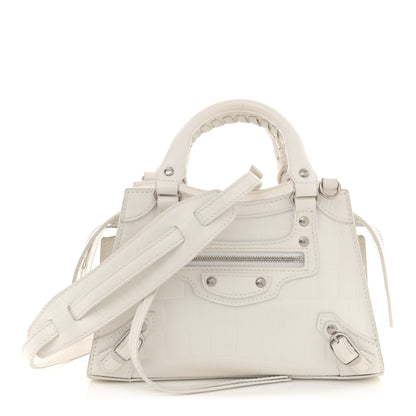 Balenciaga Semi Shiny Calfskin Crocodile Embossed Neo Classic Silver Hardware Mini City White 1 of 17
