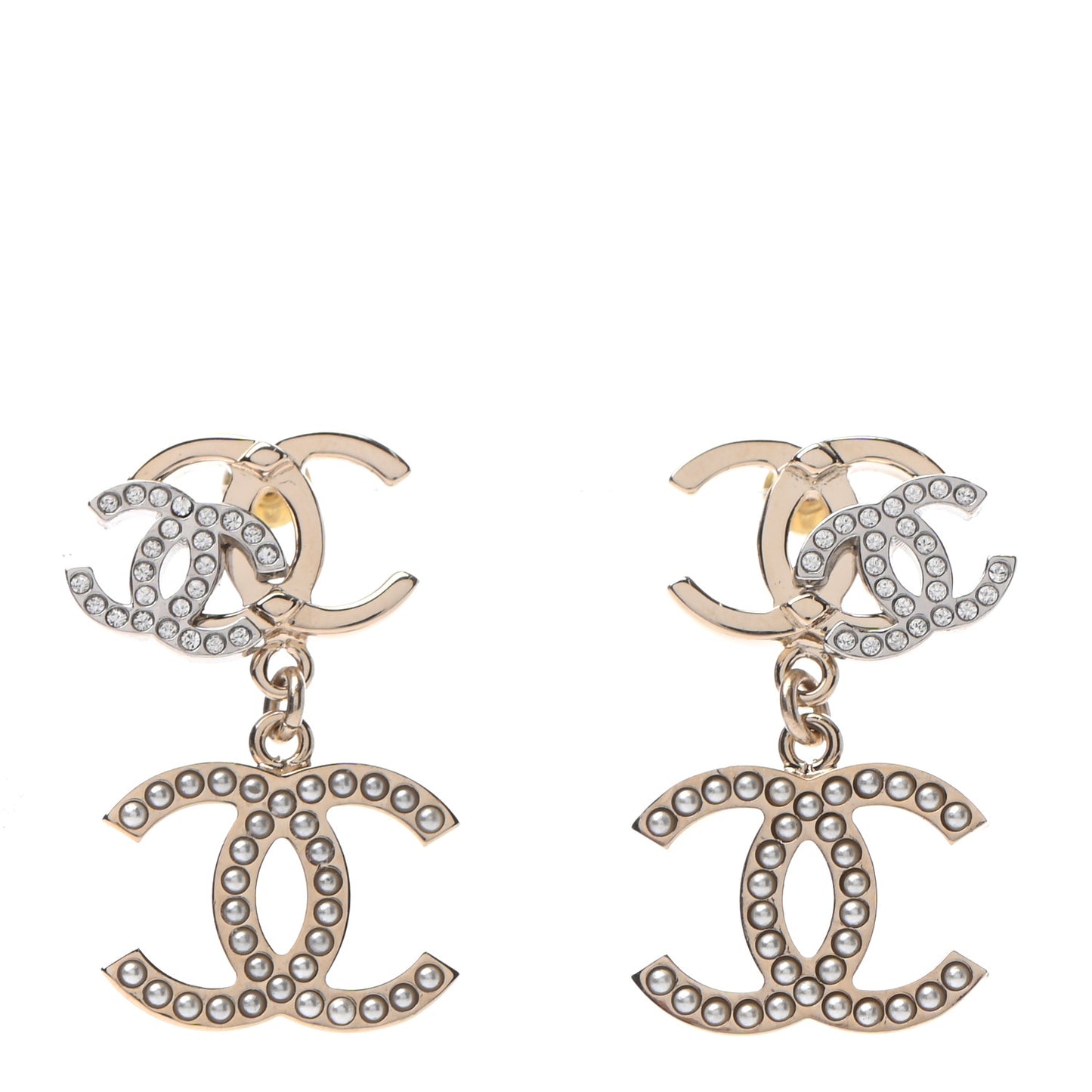 Crystal Pearl Double CC Drop Earrings Gold Silver