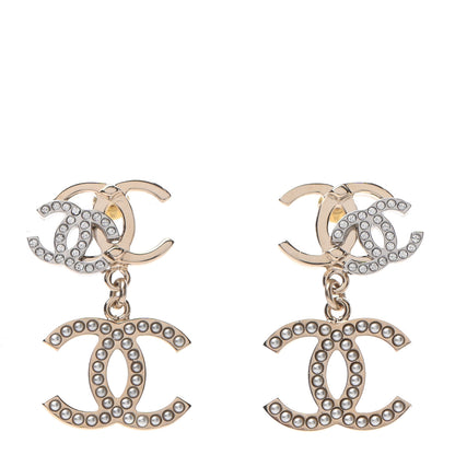 Chanel Crystal Pearl Double CC Drop Earrings Gold Silver 1 of 4