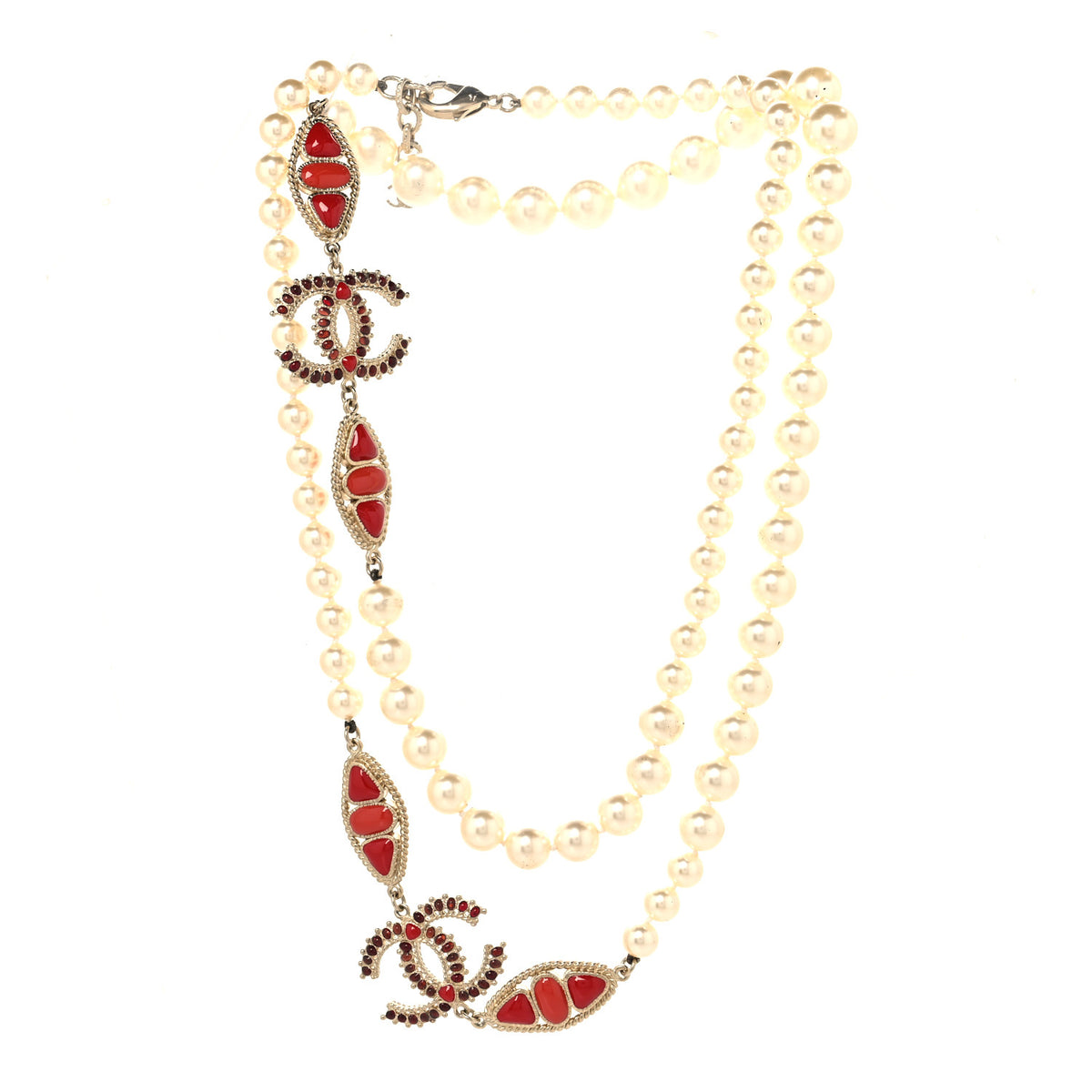 Chanel Pearl Gripoix CC Long Strand Necklace Gold Red 3 of 5