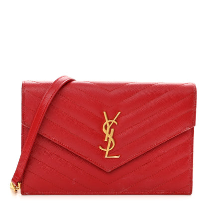 Saint Laurent Grain De Poudre Matelasse Chevron Monogram Envelope Chain Wallet New Red 1 of 14