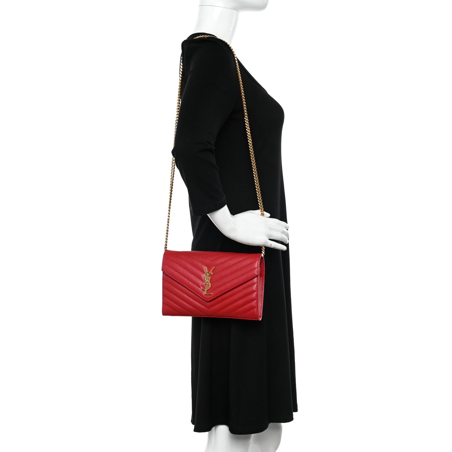 Saint Laurent Grain De Poudre Matelasse Chevron Monogram Chain Wallet New Red 2 of 9