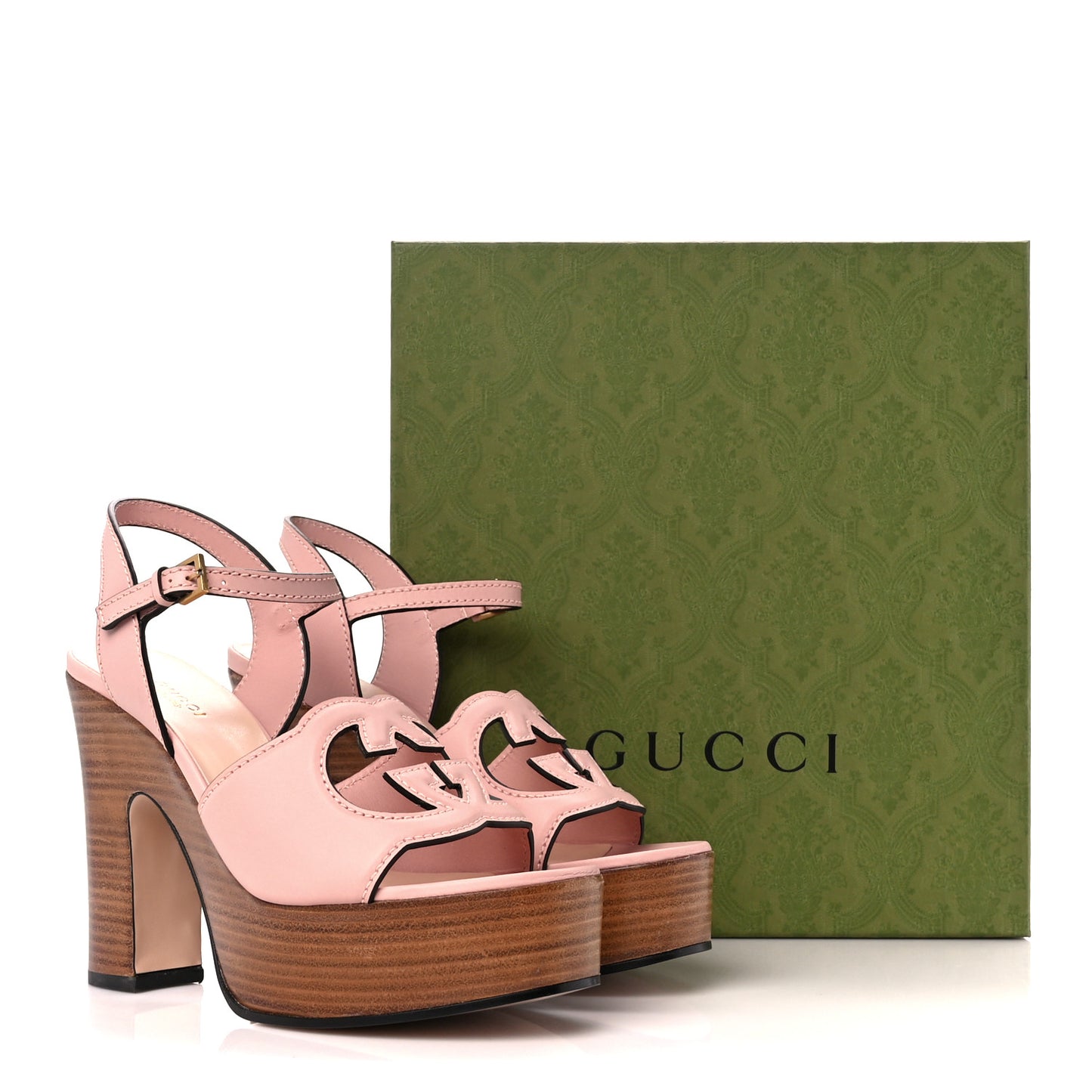 Cosmos Softy Calfskin Wooden Interlocking G Cut-Out 30/120mm Platform Sandals 38 Perfect Pink