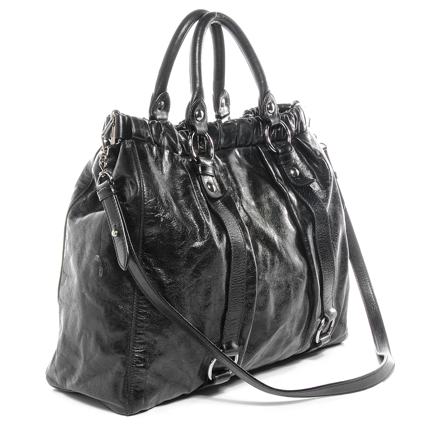 Leather Vitello Lux Gathered Tote Black