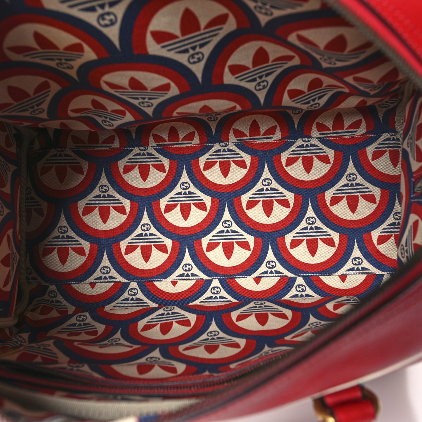 X ADIDAS Textured Dollar Calfskin Web Trefoil Large Bowling Bag Hibiscus Red Off White