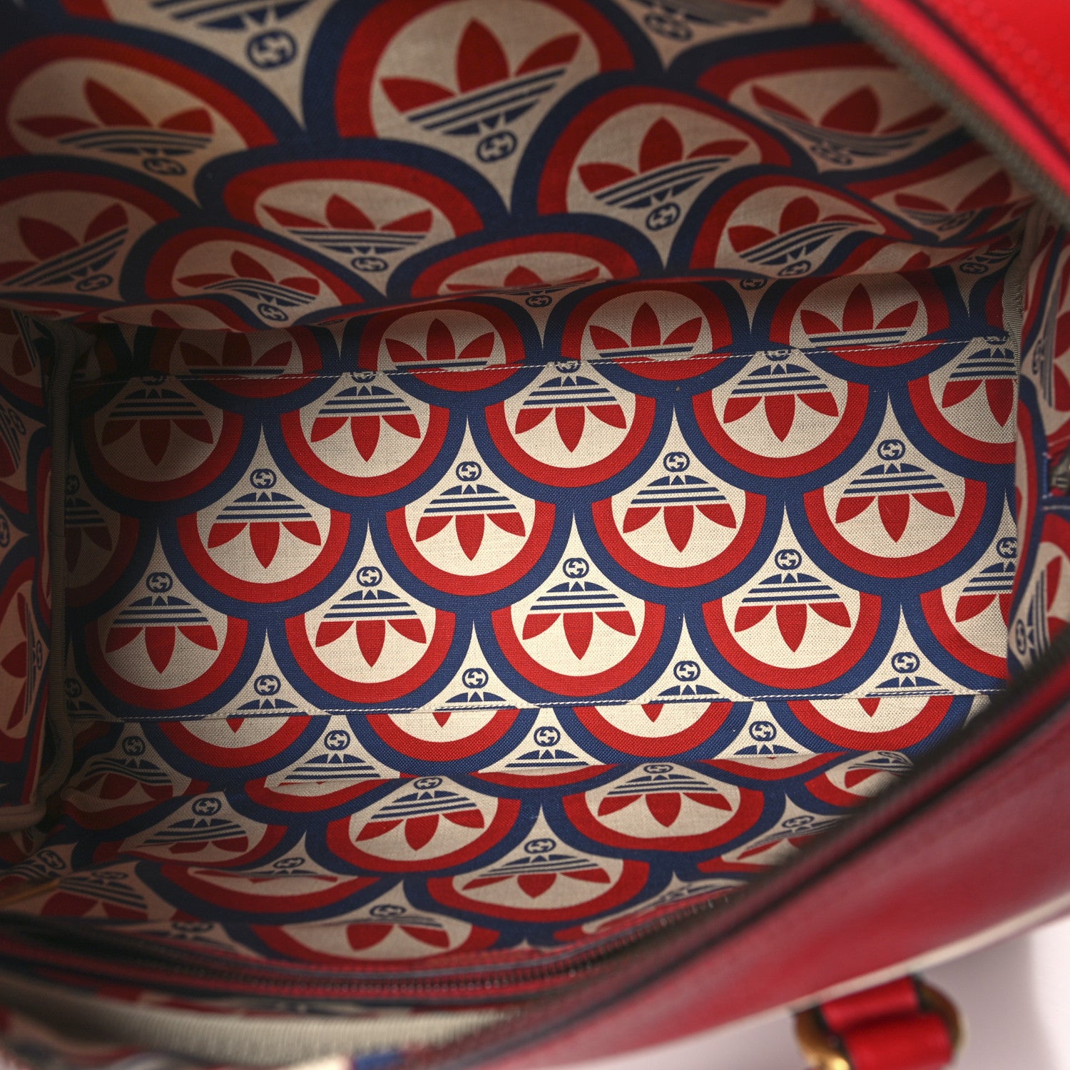 Gucci X ADIDAS Textured Dollar Calfskin Web Trefoil Large Bowling Bag Hibiscus Red Off White 4 of 11