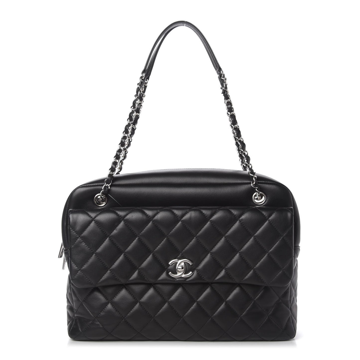 Lambskin Quilted Bowler Flap Shoulder Bag Black