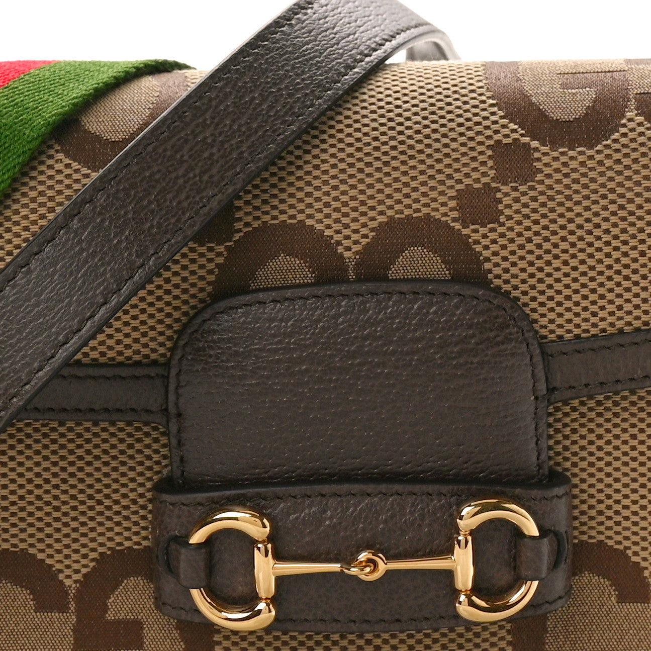 Gucci Monogram Jumbo GG Textured Dollar Calfskin Web Mini Horsebit 1955 Shoulder Bag Camel Ebony New Acero 8 of 11