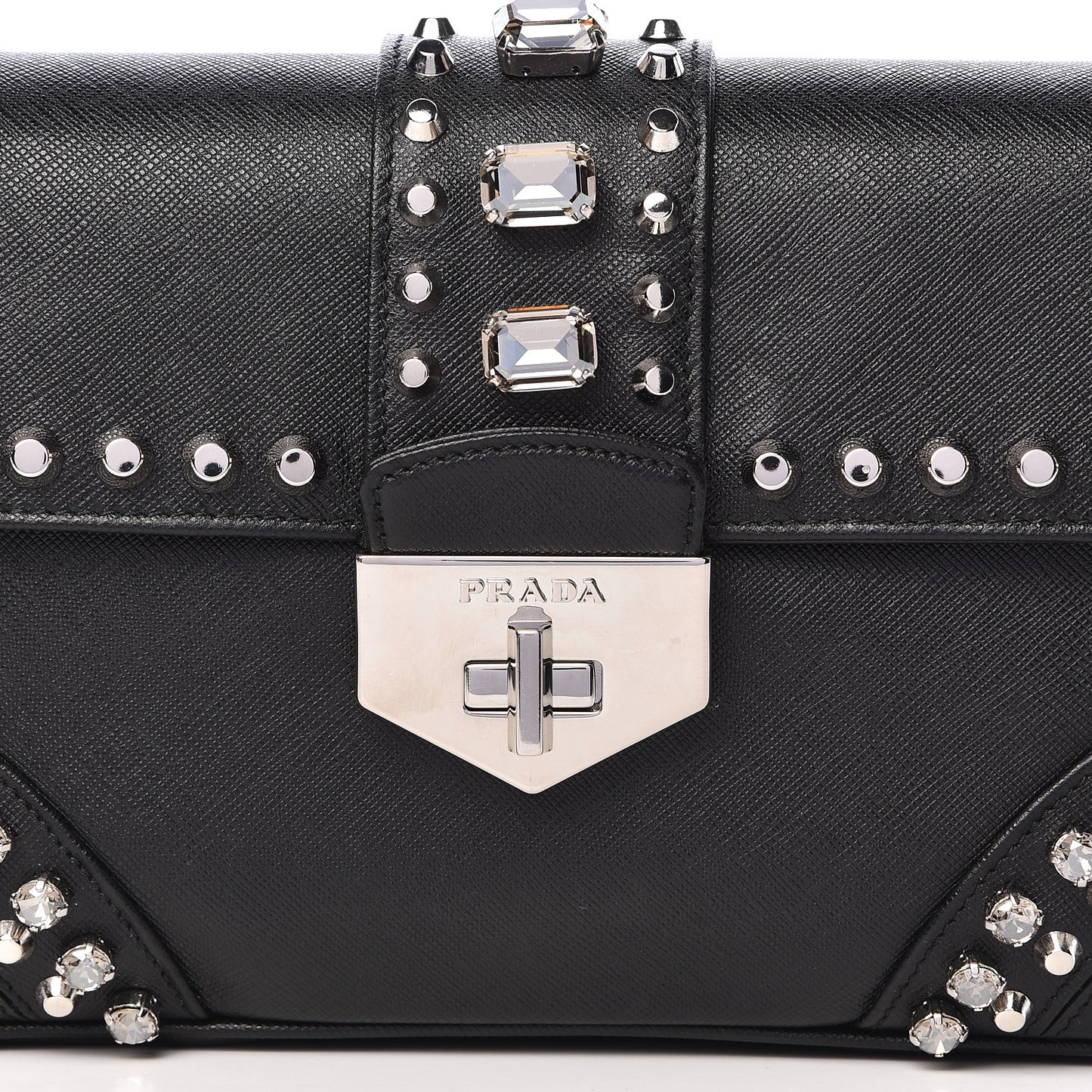 Saffiano Soft Crystal Embellished Shoulder Bag Black