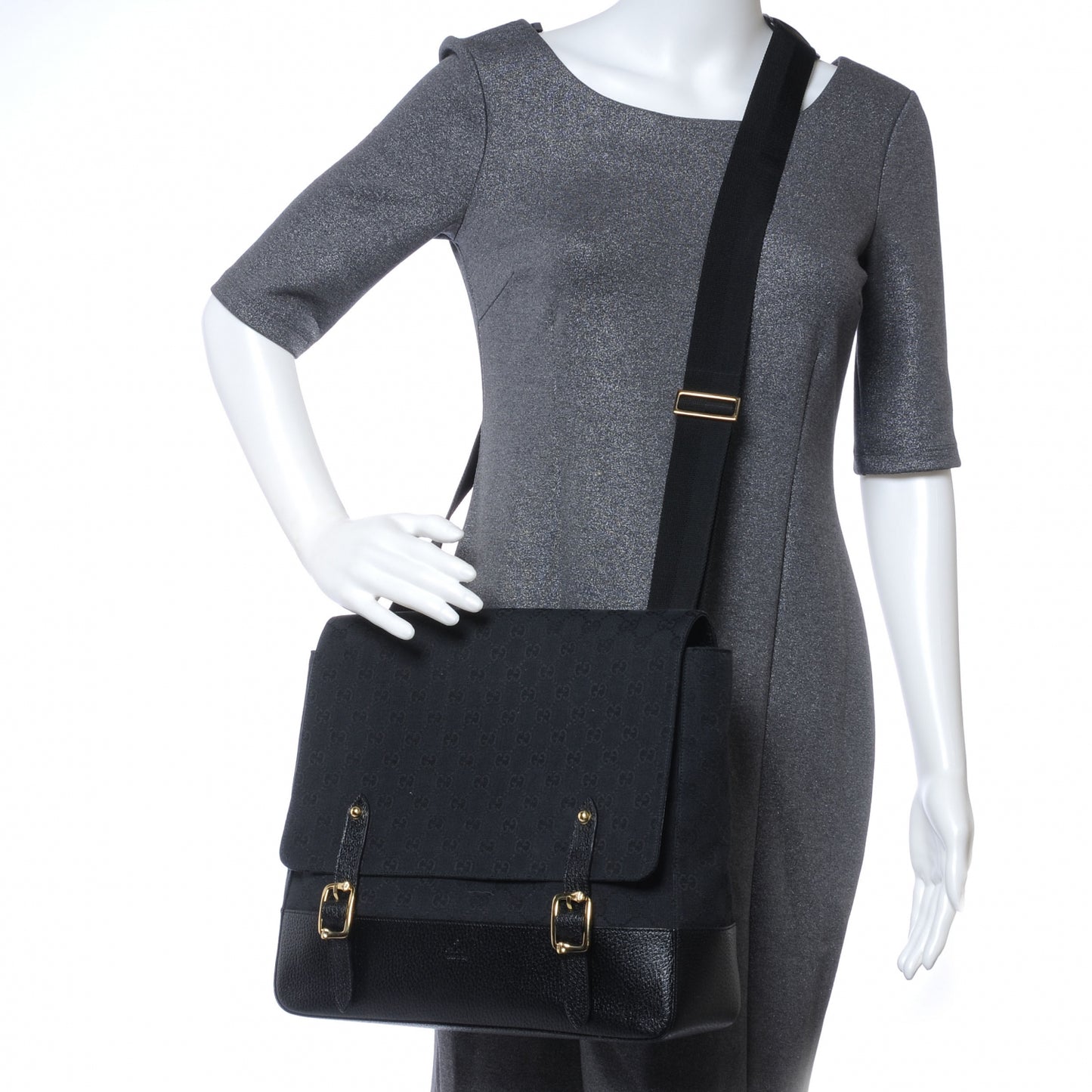 Monogram Calfskin Double Buckle Flap Messenger Bag Black