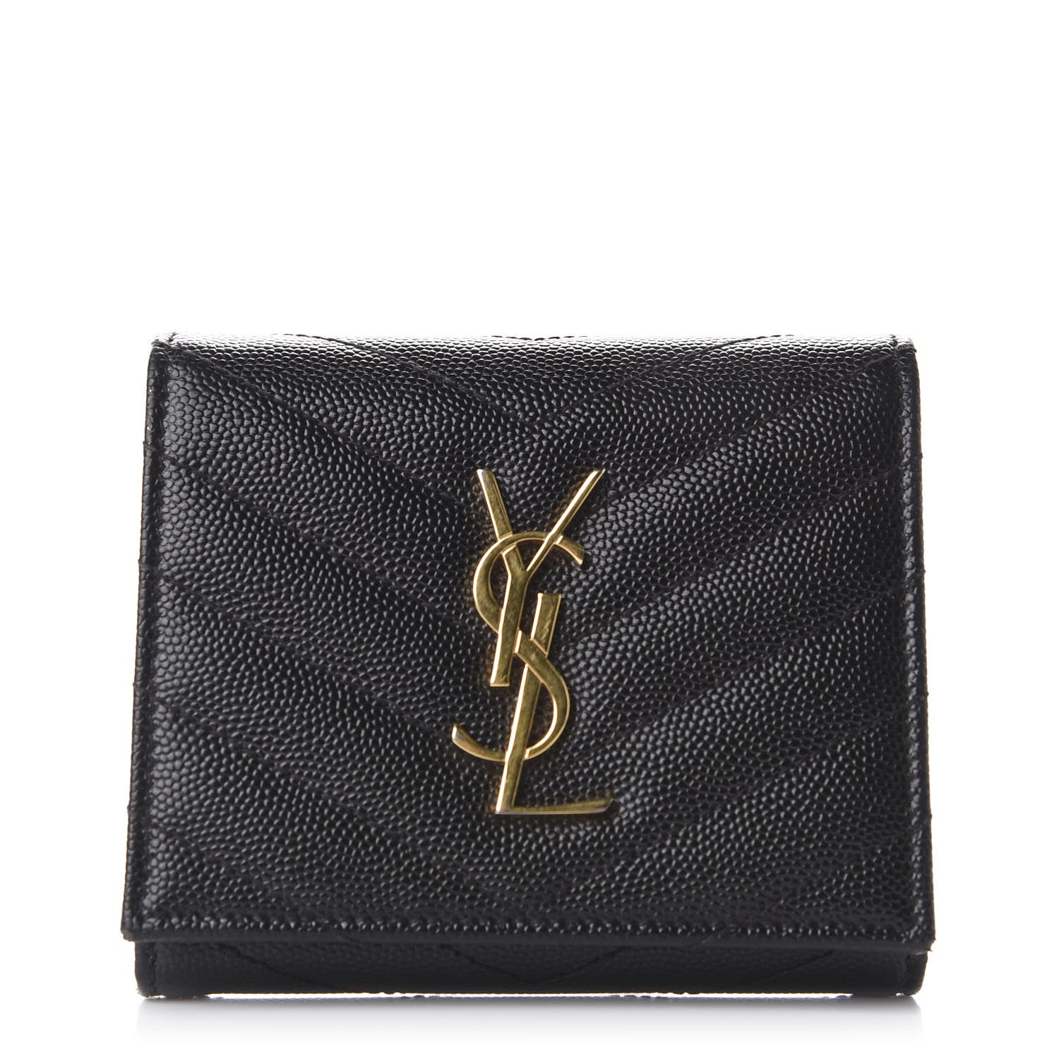 Saint Laurent Grain De Poudre Matelasse Chevron Monogram Compact Wallet Black 1 of 8